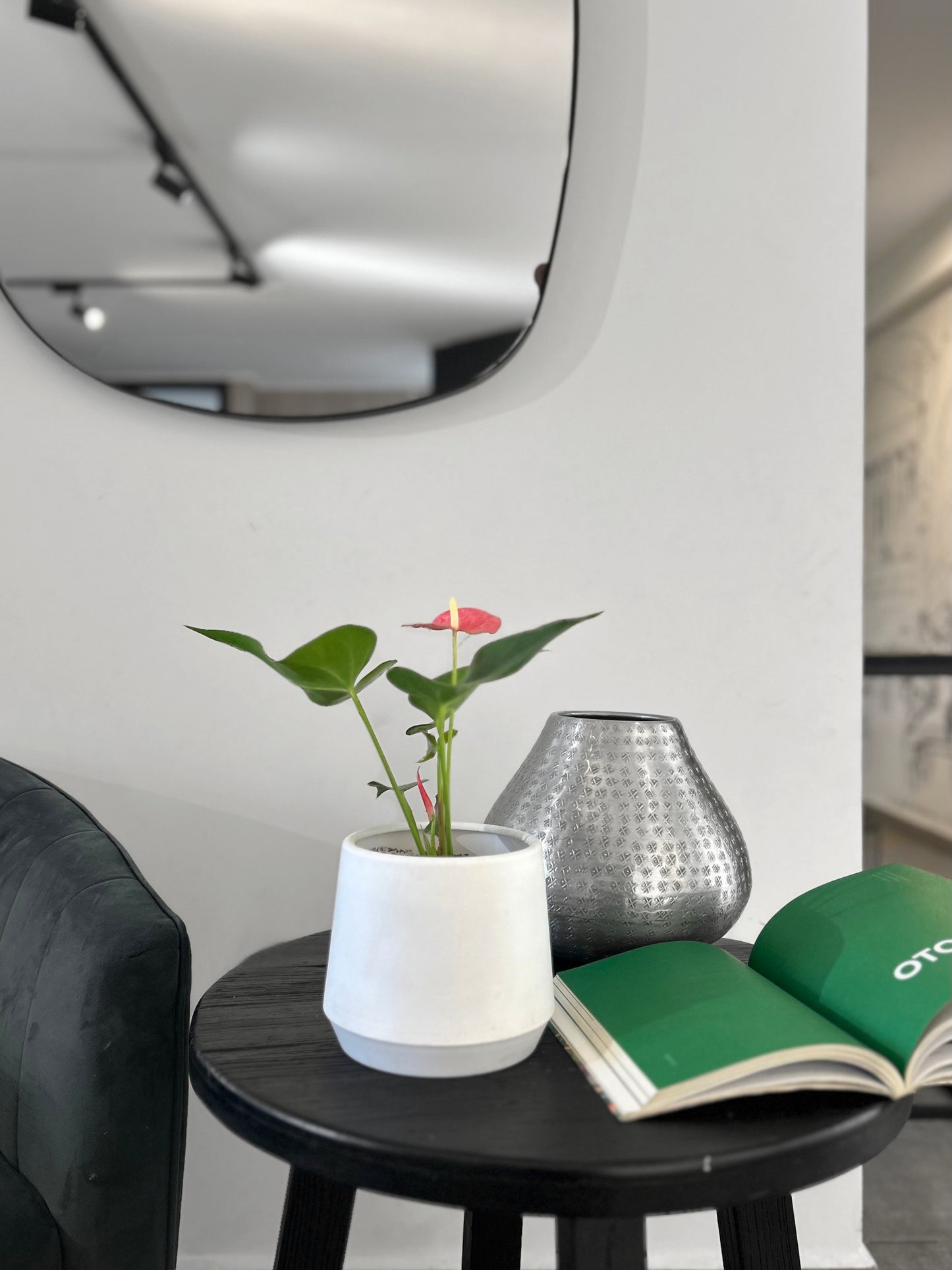 Anturio rosado en macetero decorativo planta de interior