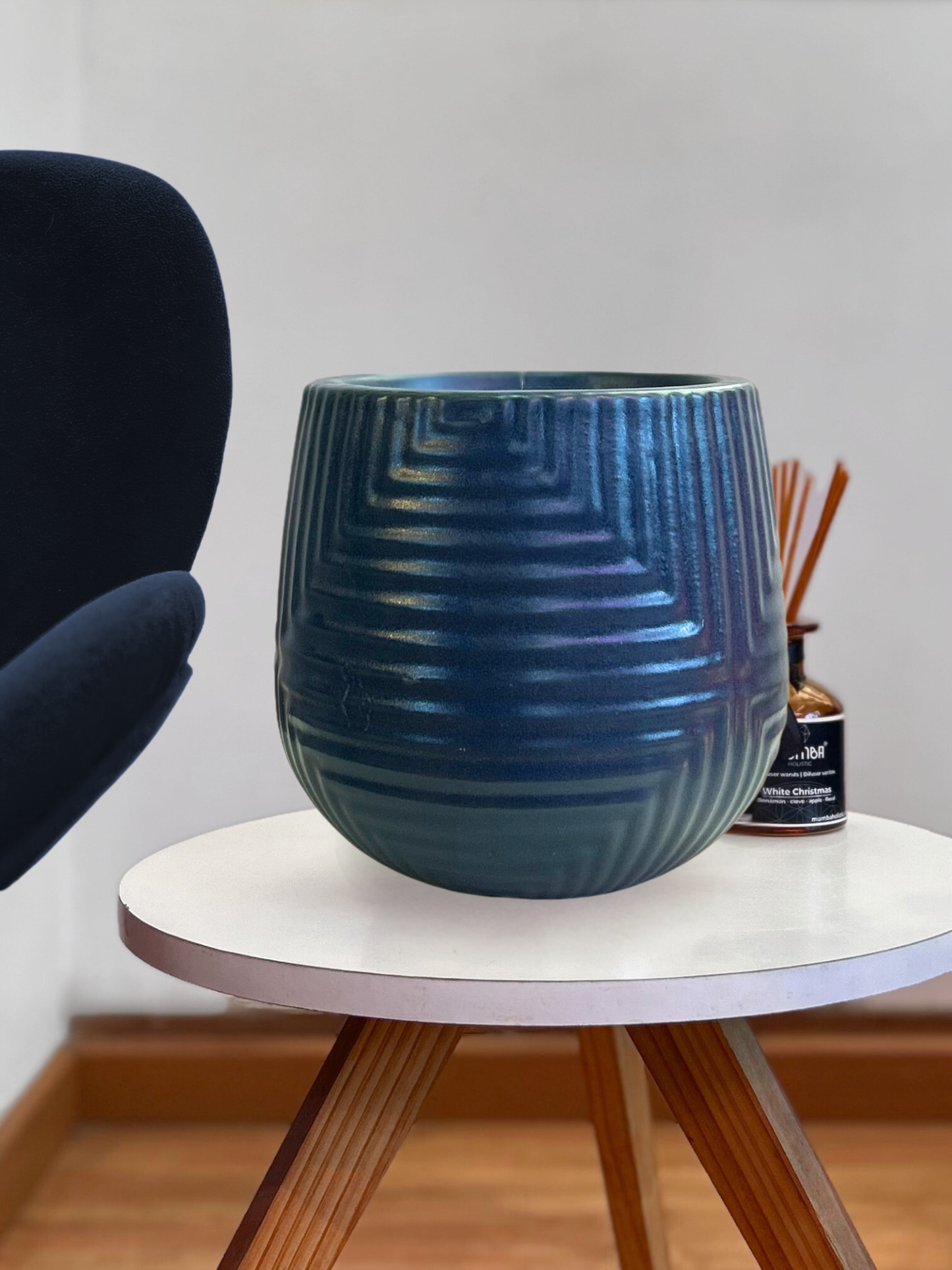 Contenedor de cerámica azul lineal M 24x21 cm